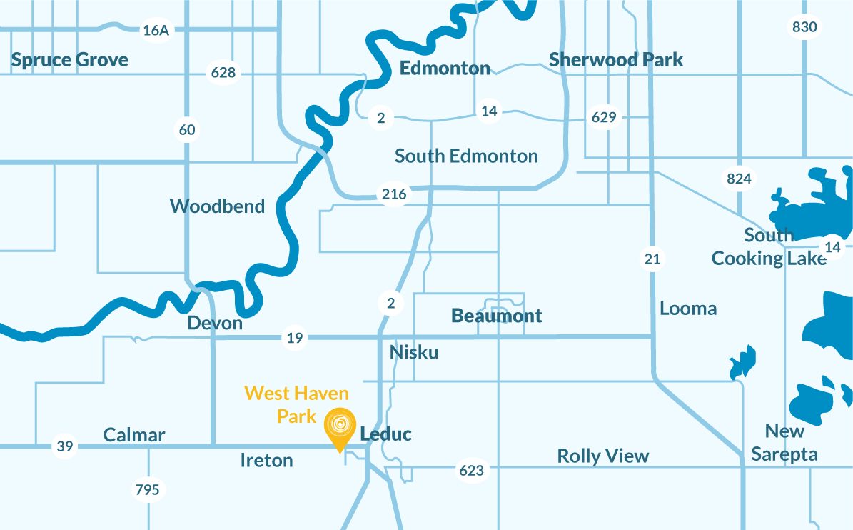 Location map of where the neighbourhood of West Haven Park is. Marking nearby cities and towns in Central Alberta. Beautiful modern homes are available for sale in West Haven.
